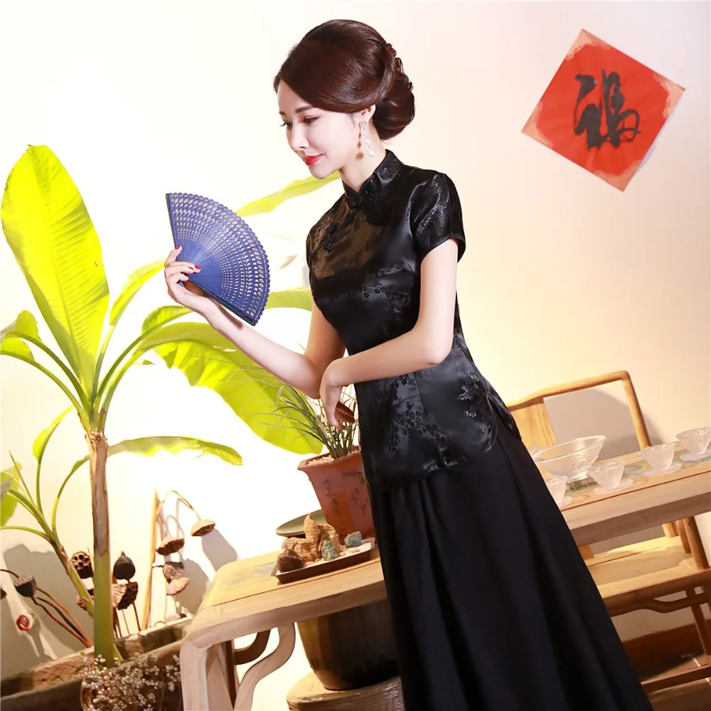 Шанхай история короткие Cheongsam Топ Традиционный китайский искусственный шелк/Атласный топ Дракон и Феникс Вышивка Блузка Топ Qipao рубашка