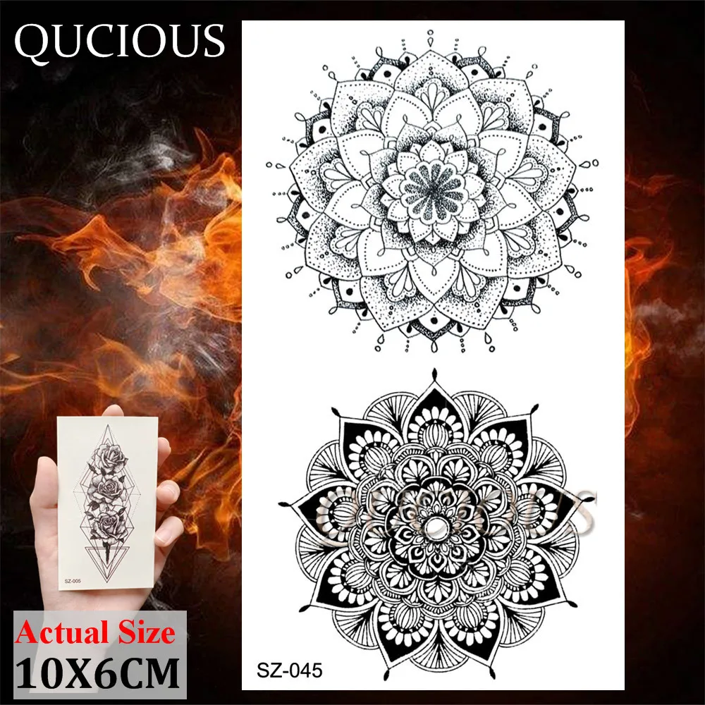 Пикантные черные сапоги серьги Henna Mandala Временные татуировки для Для женщин девочек Водонепроницаемый поддельной кружевной Татуировка "Лотос" Стикеры Индии цветок Mandara тату - Цвет: QSZ045