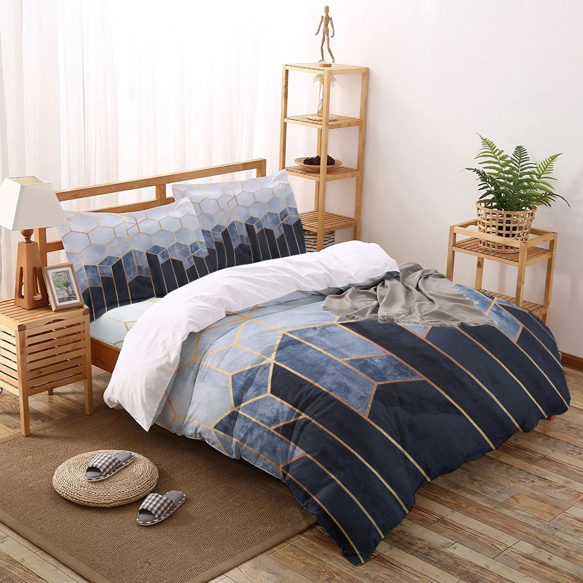 Мягкий синий шестигранный пододеяльник набор геометрических постельного белья
