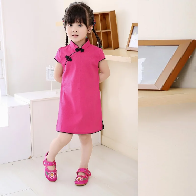 Hooyi Solid Baby Girls Dress Chinese New Year Traditional Qipao Children Chi-pao Kids Cheongsam Linen Girl's Clothes Summer Tops | Детская