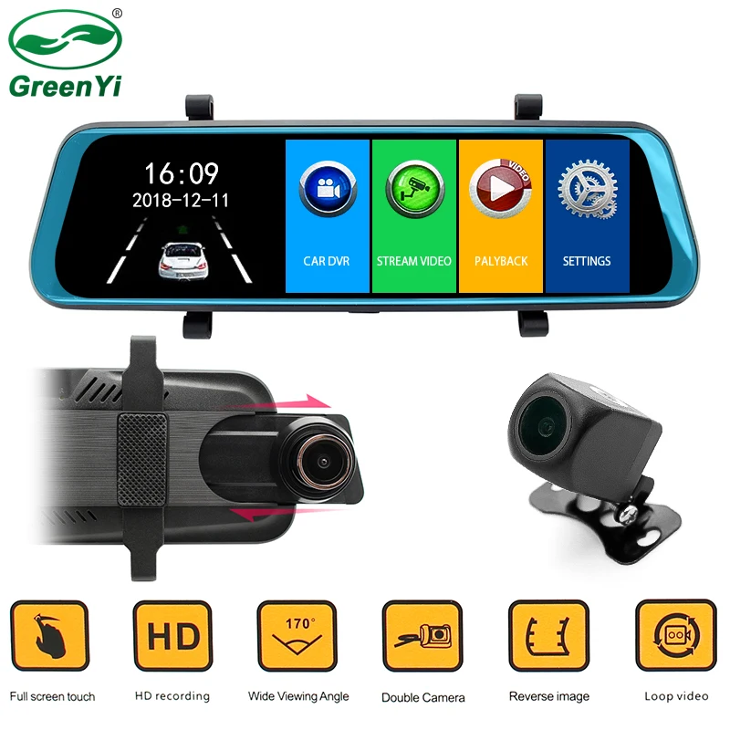 HD 1080P 9,6" Полный сенсорный ips экран Автомобильный потоковый видео монитор с зеркальным отображением DVR с передней задней двойной камерой рекордера