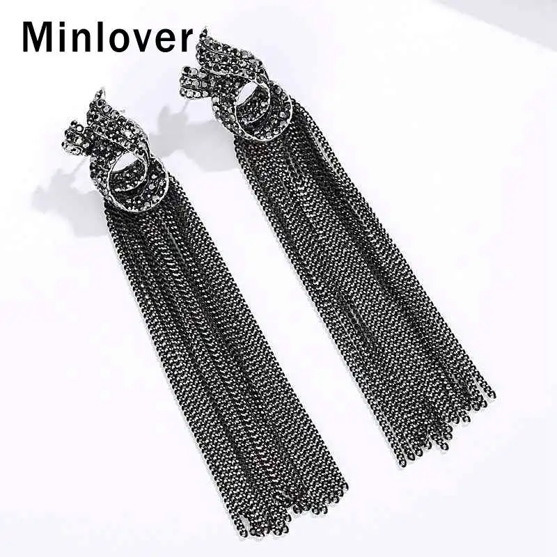 Minlover черные цепи кристалл, Длинная кисточка Висячие серьги для женщин со стразами Винтажные серьги-подвески невесты свадебные украшения EH1448