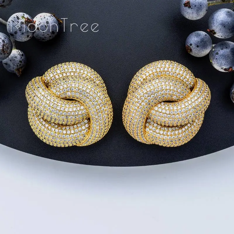 

MoonTree Luxury Twist Braided Lines Full Mirco Pave Cubic Zircon Woman Ladies Dubai Wedding Copper Jewelry Earring