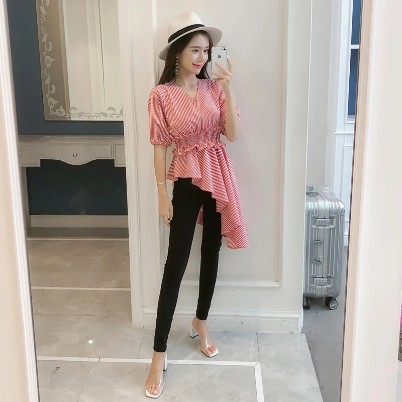 Женская рубашка с v образным вырезом блузка в клетку рукавами фонариками и