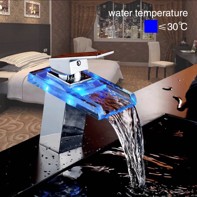 Ванная Водопад светодио дный светодиодный кран стеклянный водопад латунный