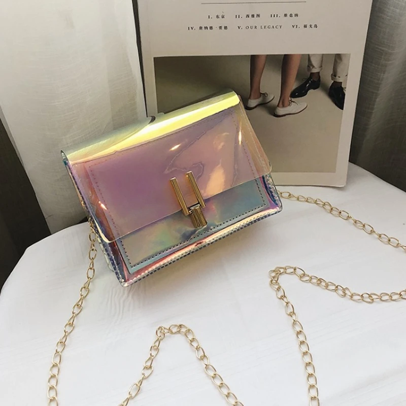 

Women Laser Messenger Bags Chain Bag Clear Transparent Crossbody Bags Purse Flap