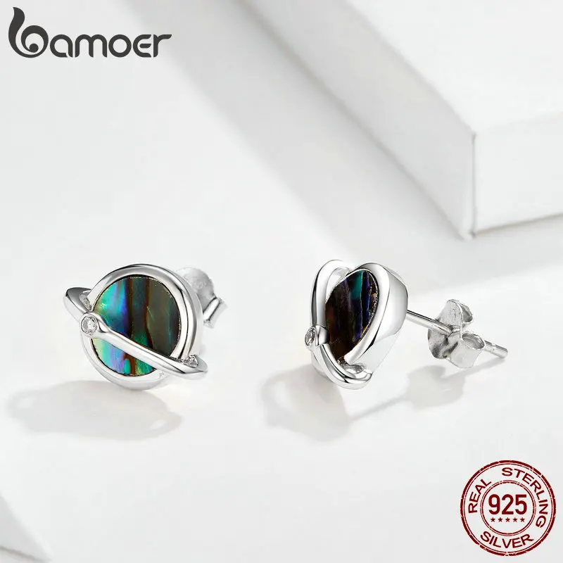 Коллекция bamoer Planet, серьги-гвоздики, Стерлинговое Серебро, 925 натуральный камень, раковина, Вселенная, серьги-гвоздики для женщин, модное ювелирное изделие BSE134