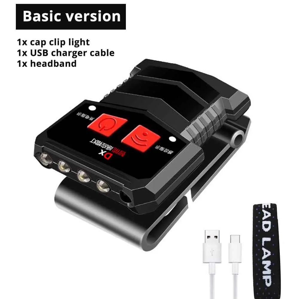 Basic version USB Перезаряжаемый светодиодный налобный фонарь, датчик жестов, колпачок с зажимом, водонепроницаемый материал, регулируемые фары, встроенный литиевый аккумулятор - Испускаемый цвет: Basic version