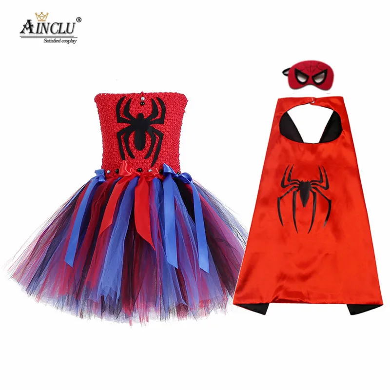 

Детское платье-пачка для косплея паука для девочек с плащ маска для Хэллоуина домашние фотофильмы супер герой полный комплект