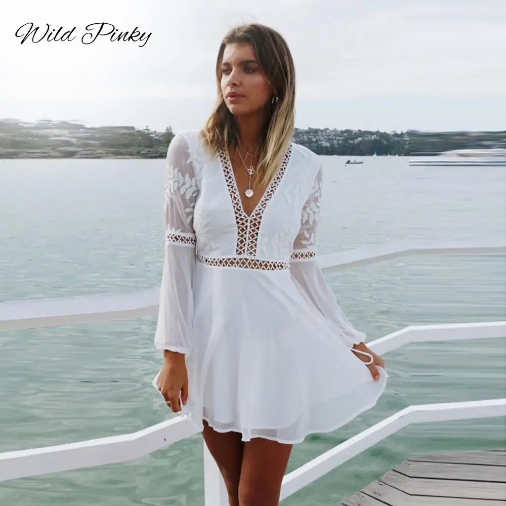 Женское короткое платье с длинным рукавом и V образным вырезом из органзы|Женские