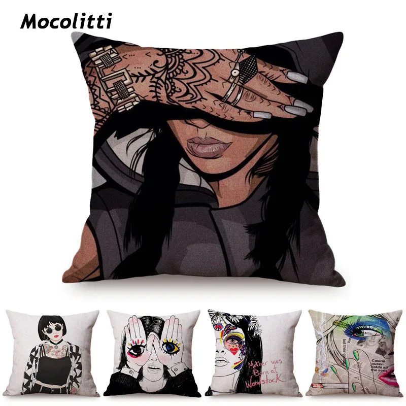 

European Style Fashion Cool Girl Decorative Sofa Throw Pillow Case Black Sketch Cotton Linen Bar Party Home Decor Cushion Cover