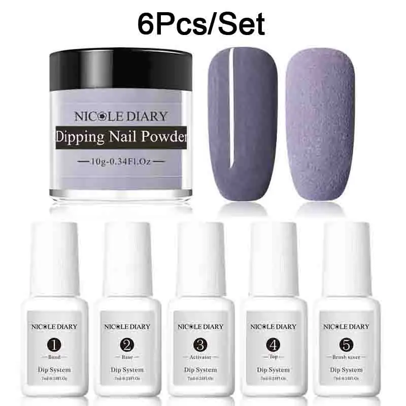 6pcs Set 9 Николь дневник 9/6/4/3 шт Dip для ногтей, порошковый набор нейл-арта, гвозди с блестящим напылением матовая голограмма пыли с базовый топ активатор щетка - Цвет: 6pcs Set 9