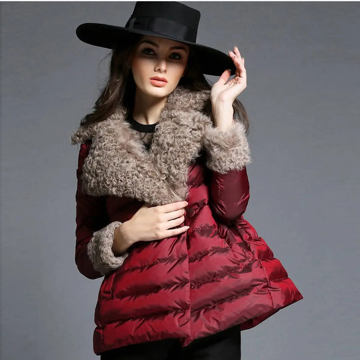 Модный стиль новинка женские пальто с меховым воротником красная утка теплая