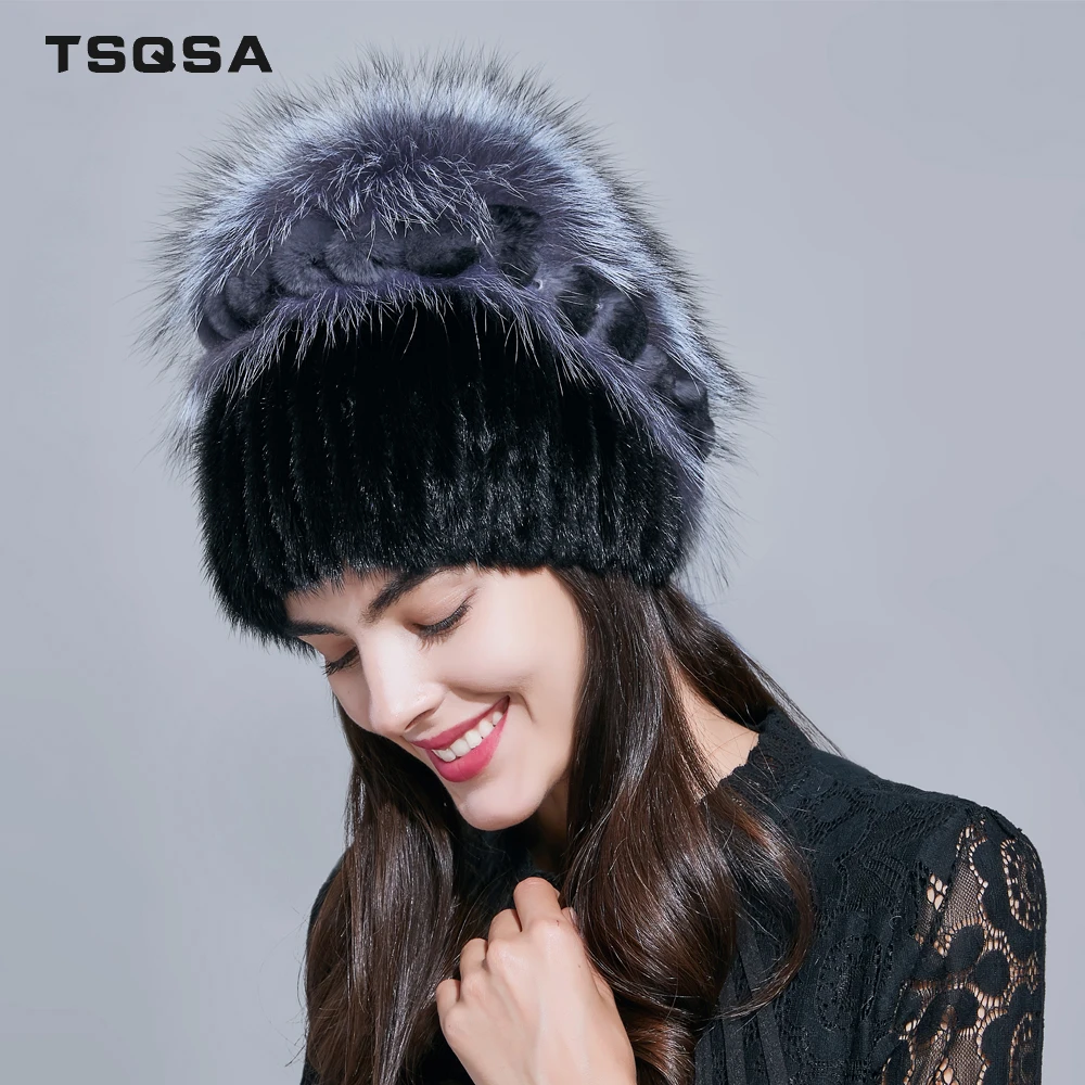 TSQSA Зима Теплая Натуральная Лиса Меховая Шапка Шапочки Мода Новые Женская Шляпа Натуральный Мех Норки Леди Шапки Женские Меховые Шапки TAH1806