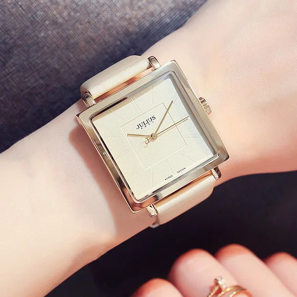 gold color watch Julius бренд Простой квадратный большой циферблат кожаные часы женские винтажные водонепроницаемые кварцевые платье наручные часы леди Montre Femme подарки - Цвет: gold color watch
