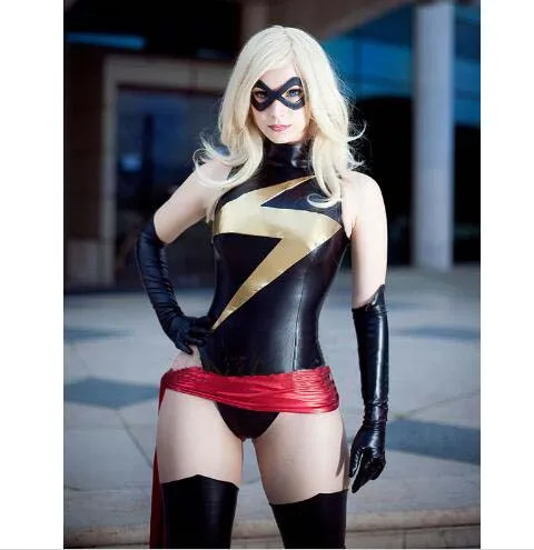 Ms. Marvel сексуальный черно Золотой блестящий металлический костюм супергероя для