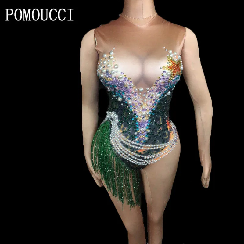 

2020 Women New Fringed Pearl Shiny Rhinestone Sexy Bodysuit Sparkling Crystals Bodysuit Outfit Birthday Celebrate Costume