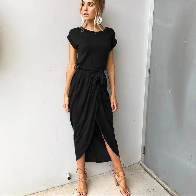 

Summer Dress Long Dresses New Short Sleeve Solid Casual Women Belt Vestidos My NewIn
