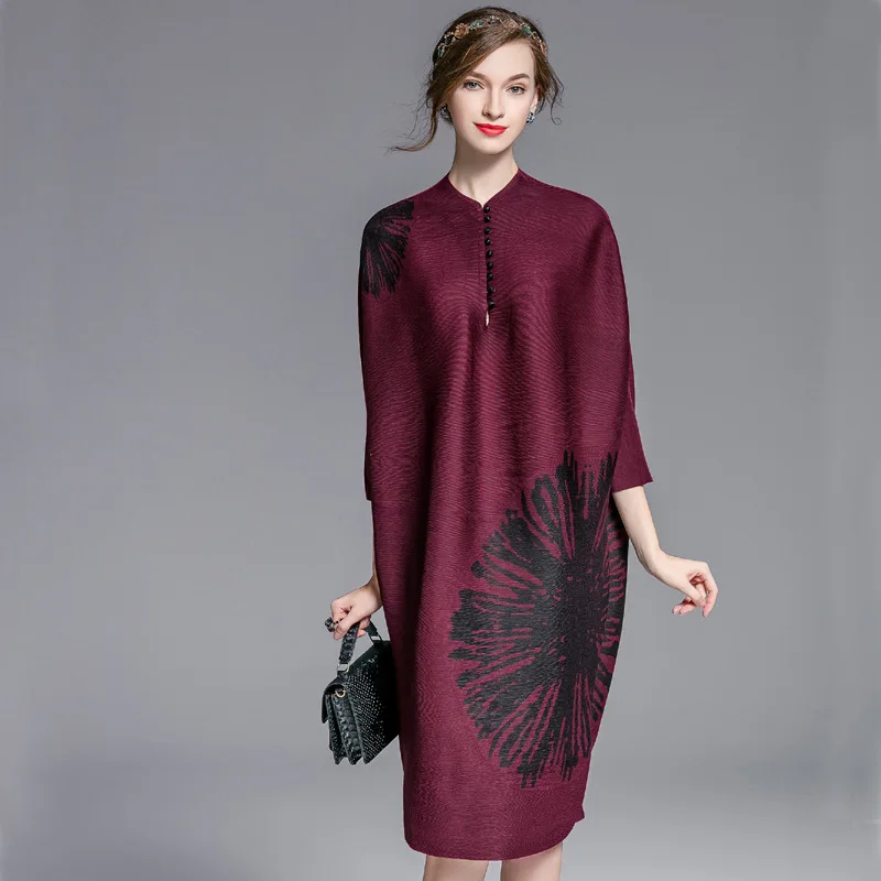 

High Quality Spring Autumn Fashion Plus Size Loose Print Female Three Quarter Sleeve Batwing Knee-length Dress Vestido RE2443