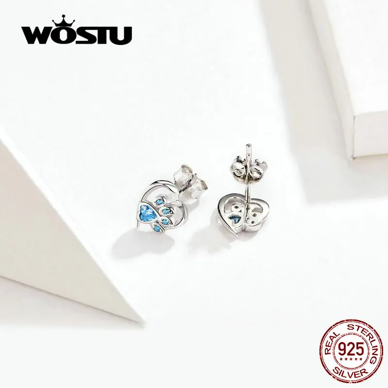 WOSTU Dog Paw Foot Heart серьги из 100% стерлингового серебра 925 пробы с синим цирконием для