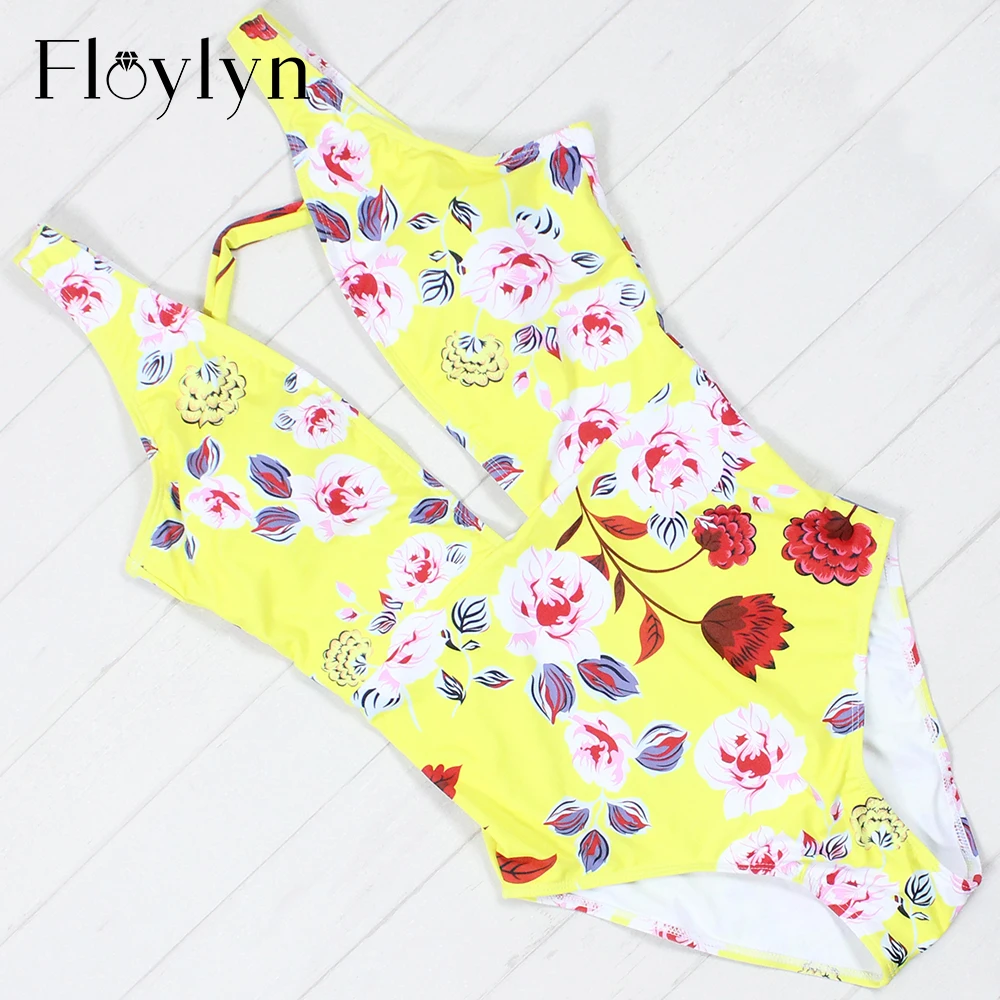 Floylyn 2018 цветочный Цельный купальник сексуальный с глубоким V образным вырезом