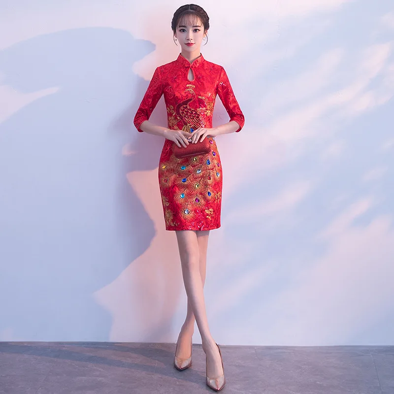 Красное мини-платье невесты Cheongsam Восточное женское свадебное платье с коротким