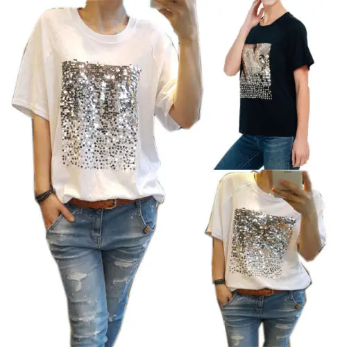 Женская летняя футболка с коротким рукавом и блестками | одежда