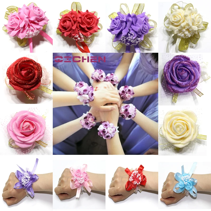 

20pcs/lot Wrist Flower Rose Silk Ribbon Bride Corsage Hand Decorative Wristband Bracelet Bridesmaid Curtain Band Clip Bouquet