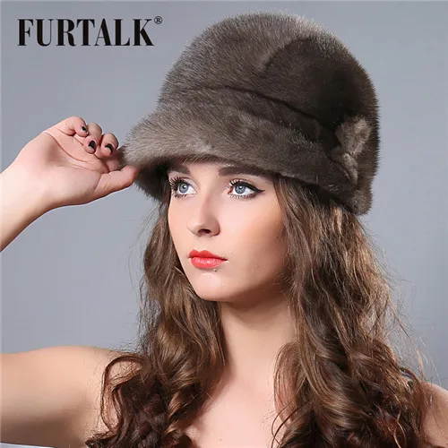 FURTALK русская зима, настоящая норковая шапка-ведро для женщин, теплая шапка из натурального меха норки - Цвет: kahki