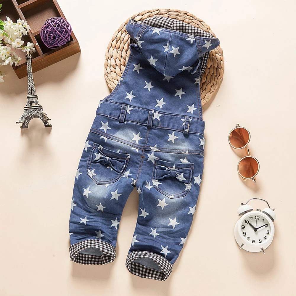 Детский джинсовый комбинезон со звездами с капюшоном для мальчиков и девочек на