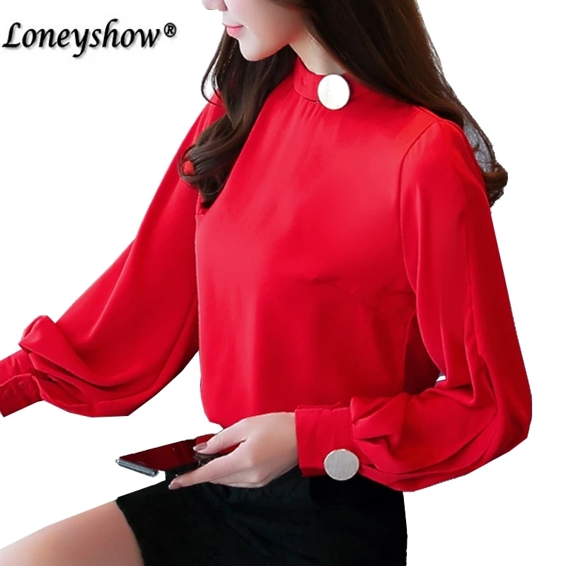 2018 New Fashion stand collar long Sleeves Chiffon Women Blouse shirt lantern sleeve Casual women's clothing tops blusas red |