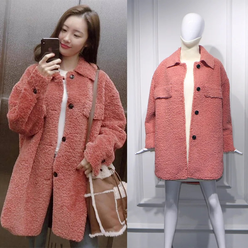 Свободное теплое зимнее плюшевое пальто 2018 из меха ягненка женское однобортное