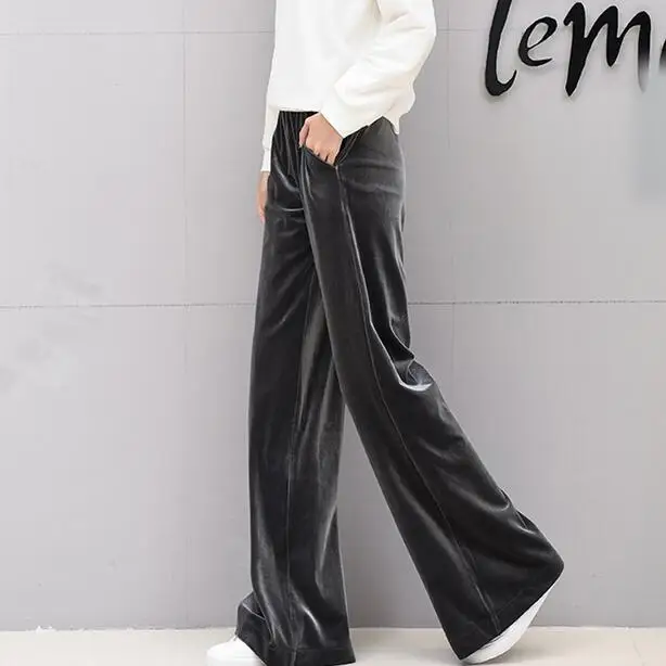 2019 New Velvet Wide Leg Pants Pocket Elastic Waist Women's Trousers Tunic High Office Purple AH495 | Женская одежда