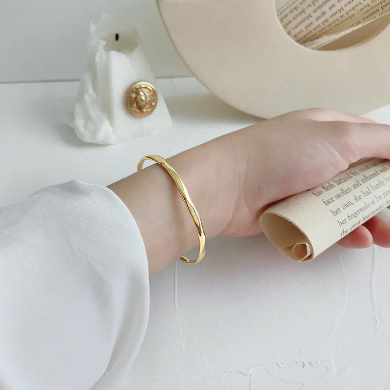 

100% 925 sterling silver irregular concave surface smooth bangles bracelets for women, elegant cuff bracelet bangle jewelry