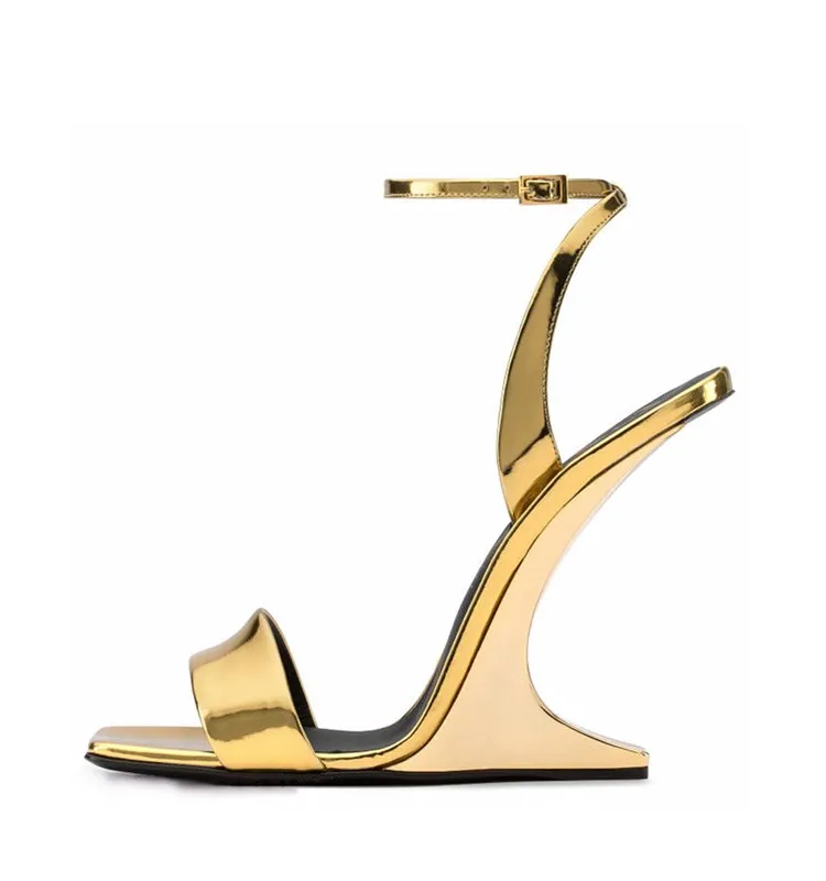 

Hot Selling Sexy Open Toe Strange Heels Woman Sandal Summer Newest Ankle Strap Super High Dress Shoe Gold Leather Sandal