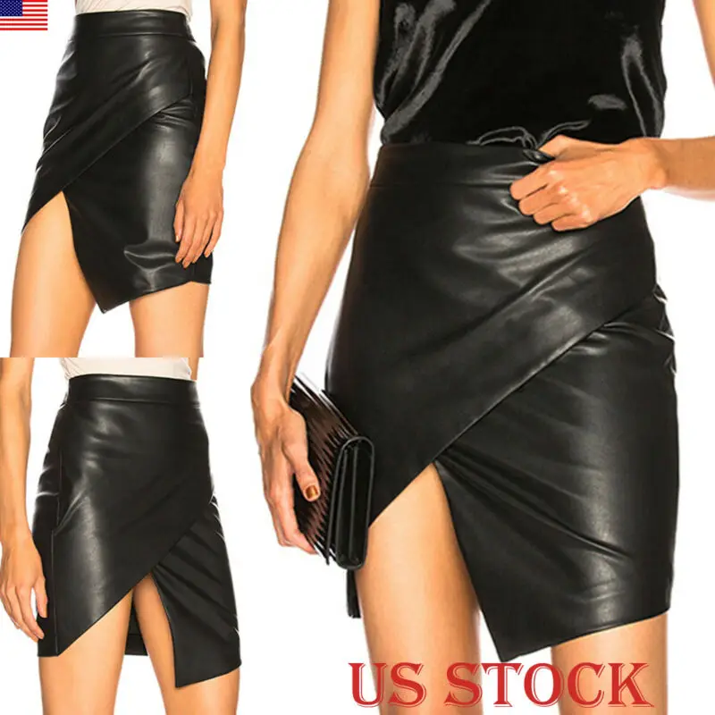 

Women High Waisted Pencil Wrap Skirt Bodycon PU Leather Mini Skirt Club Wear