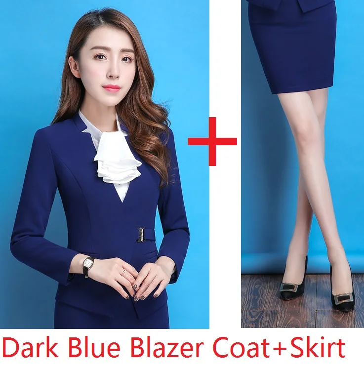 Dark Blue Профессиональный осенний зимний элегантный тонкий юбочный костюм с курткой и юбкой для дам офисные блейзеры для бизнес-леди размера плюс - Цвет: Dark Blue