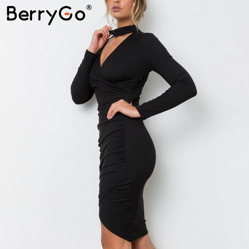 BerryGo сексуальное зимнее платье-свитер с v-образным вырезом женское черное