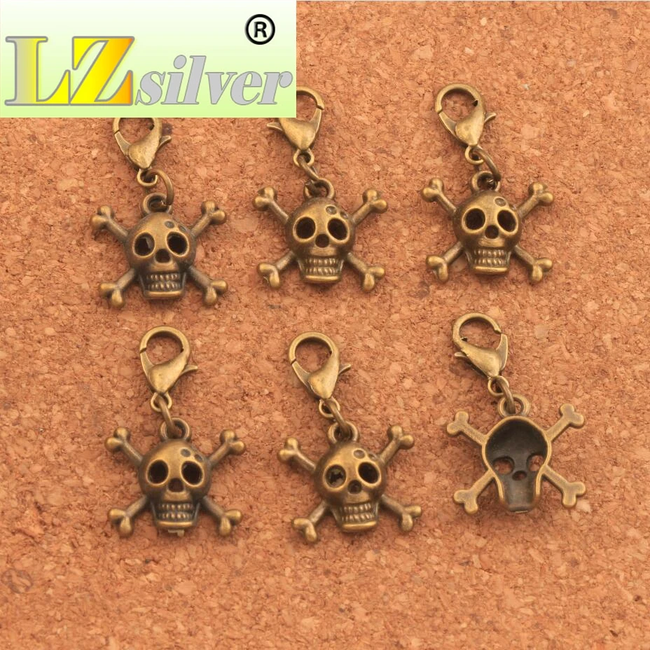 

22PCS Tibetan Bronze Pirate Skull Halloween Clasp European Lobster Trigger Clip On Charm Beads C976 29.4x16.6mm