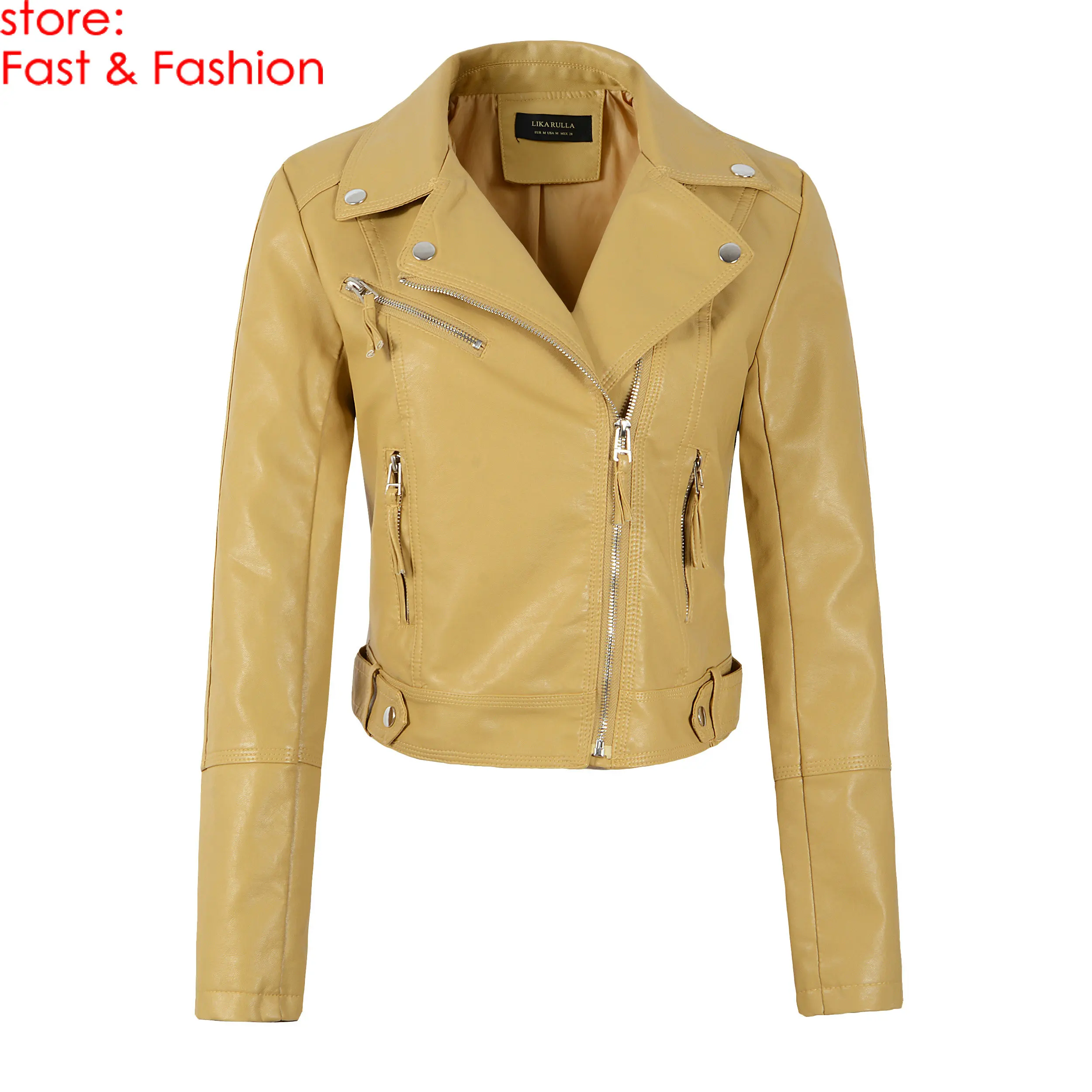8716 Yellow Новинка, женские уличные Осенние Зимние Куртки из искусственной кожи, женские мотоциклетные Байкерские Куртки из искусственной кожи с длинным рукавом, верхняя одежда, пальто винно-красного цвета - Цвет: 8716 Yellow