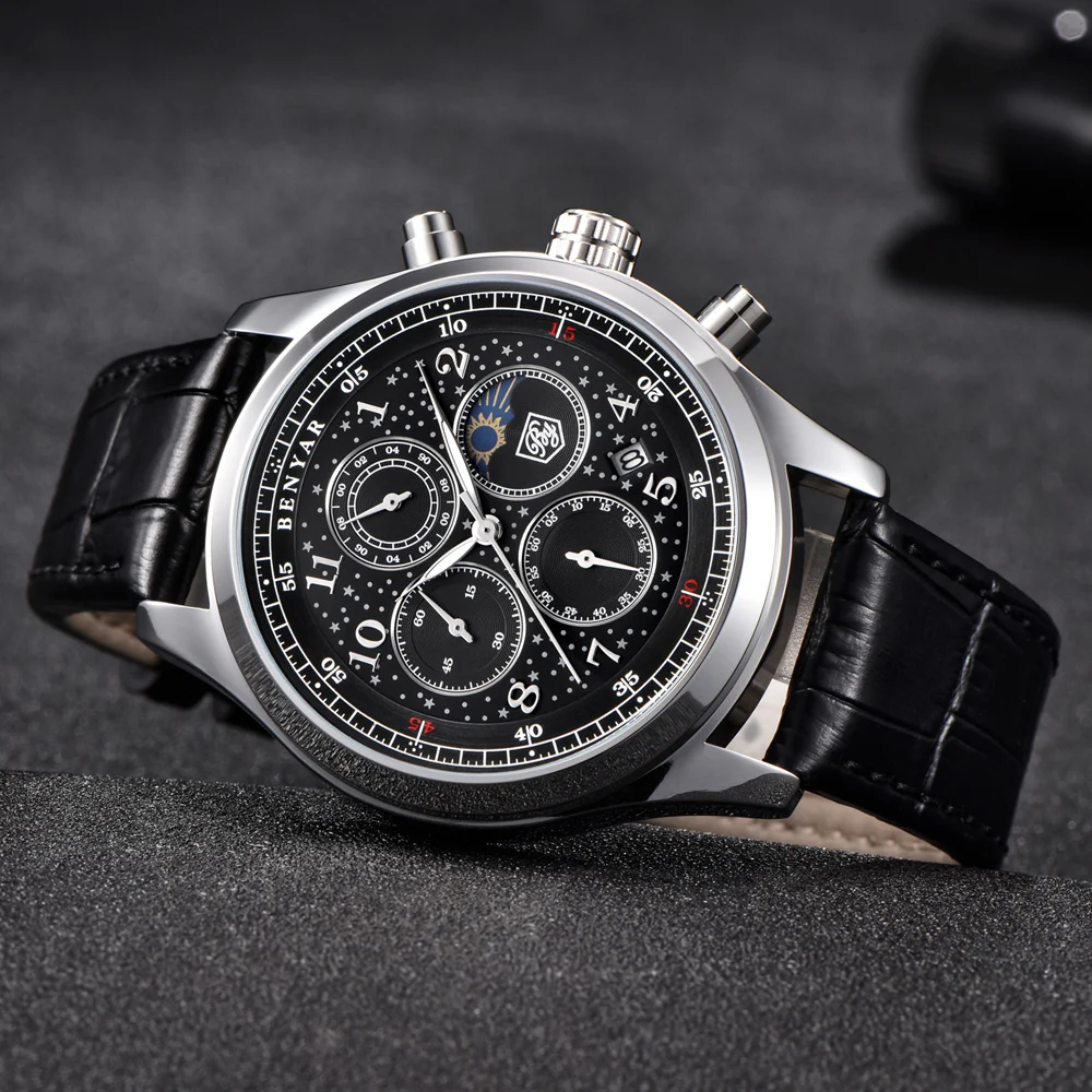 BENYAR мужские часы топ класса люкс Moon Phase полная сталь кварцевые с хронографом