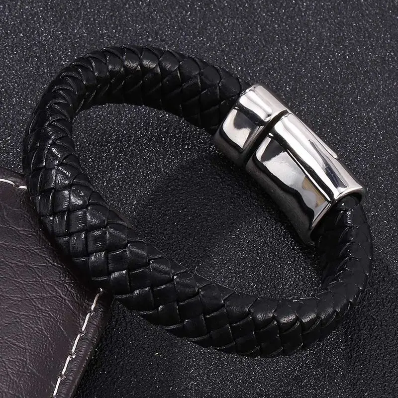 Панк череп мужской браслет черный кожаный Скелет из нержавеющей стали Магнит