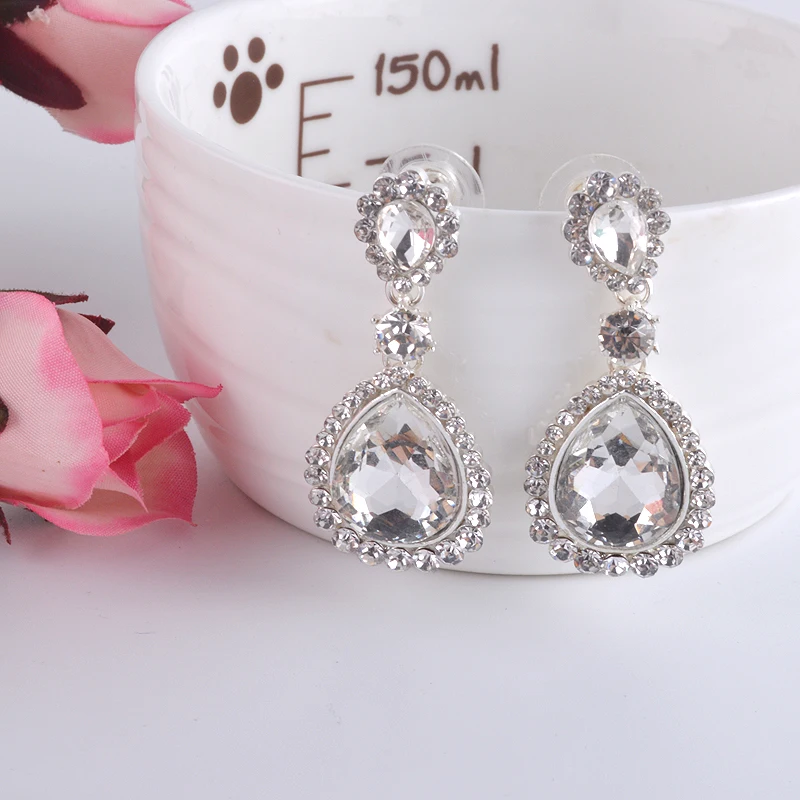 

rhineston Water drop design glass Champagne color crystal drop earrings women party wedding Dress dangle Bridal earrings