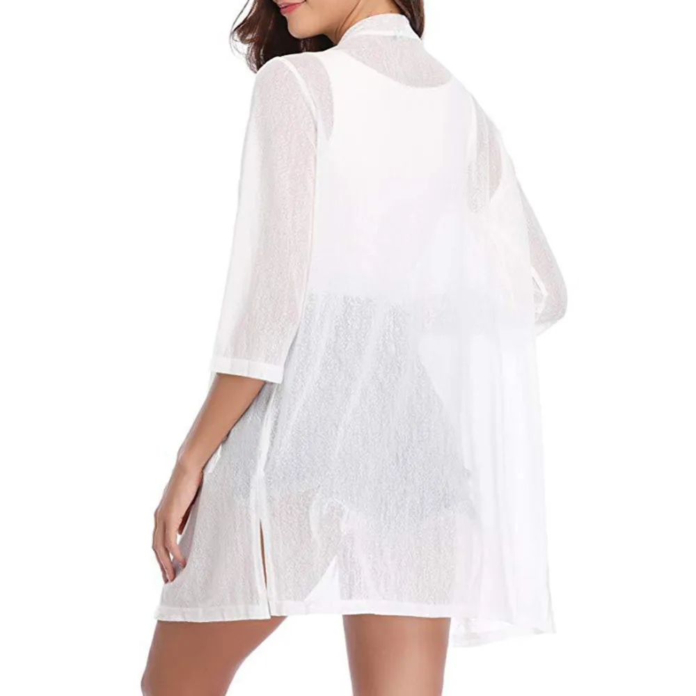 

Summer Long Cardigan Womens 3/4 Sleeve Swimwear Swimsuit Beach Anti-Sunlight Cover Up Open Front Mesh Boho Blusa Ladies Coat