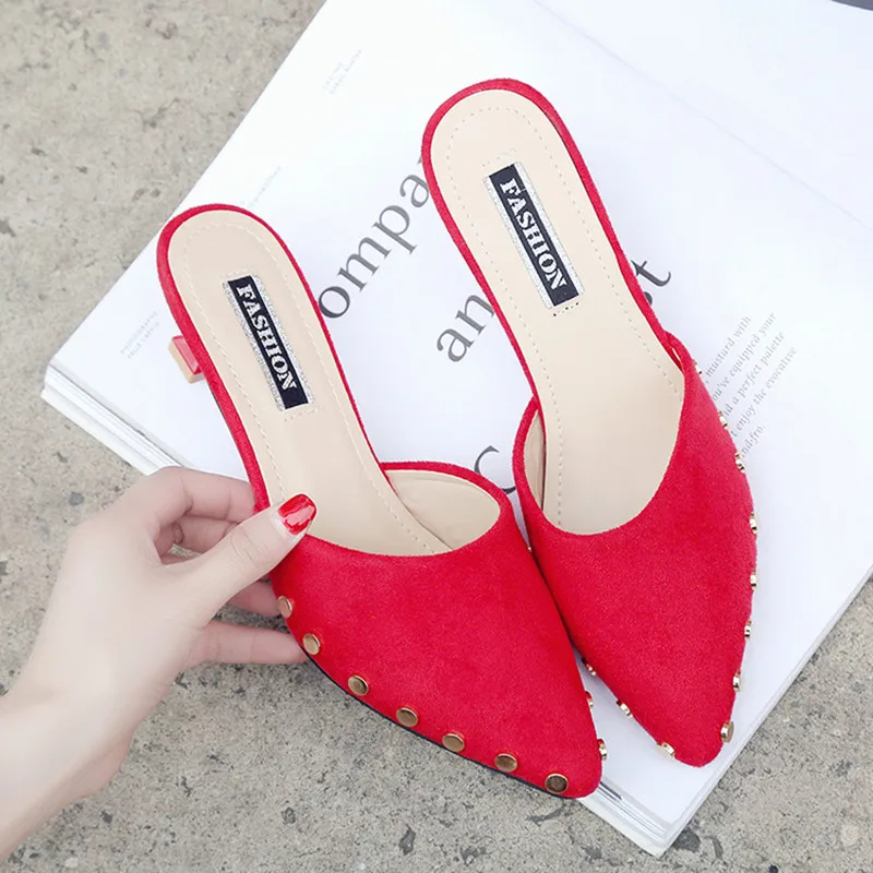 Женские босоножки без задника красные туфли на среднем каблуке с заостренным