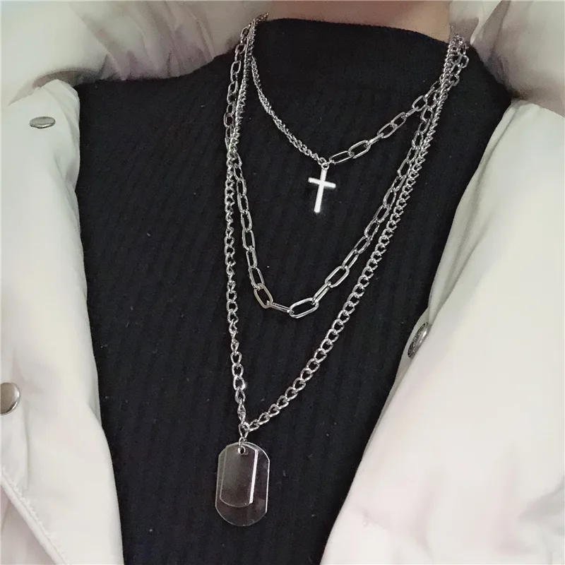

New Fashion Multilayer Silver Color Metal Chain Cross Necklace Couple Hip Hop Punk Geometric Pendant Necklaces for Women Men