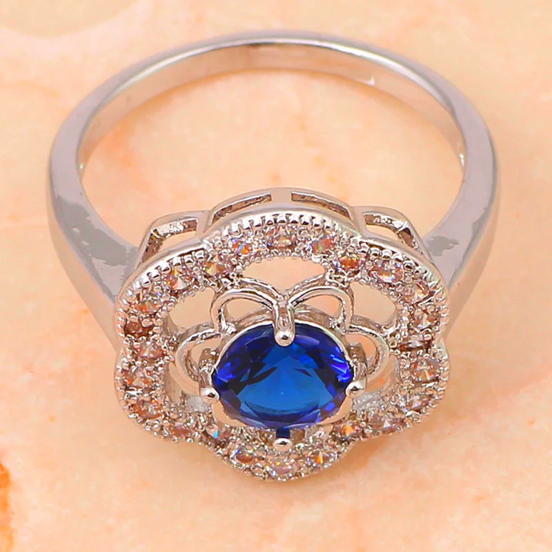 Top quality Blue flower Zircon Silver Fashion jewelry AAA zircon Jewelry Sets Earrings Necklace rings sz #7 #8 #9 JS554 | Украшения и