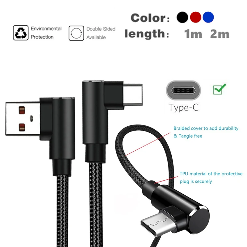 USB Type C 2.4A кабель для быстрой зарядки 90 градусов 2 м передачи данных Huawei mate 20 pro P30