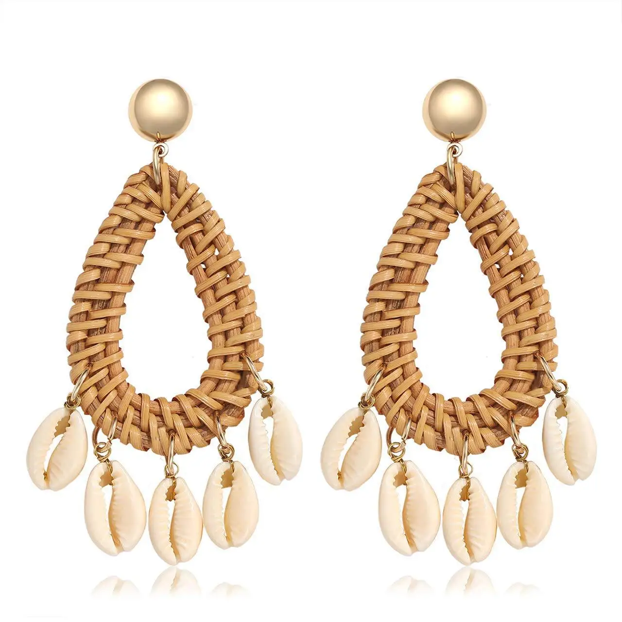 Bohemian Summer Earring Jewelry with Handmade Staw Weave Rattan Knit Sea Ocean Shell for Women Gift | Украшения и аксессуары