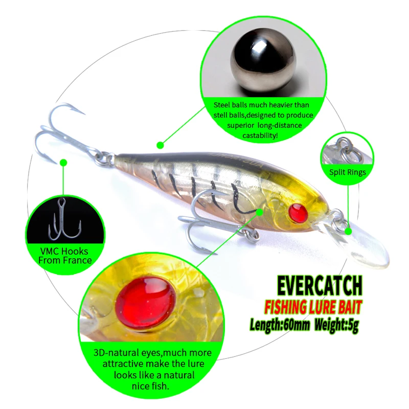 EVERCATCH 60 мм/5 г Гольян Тонущая приманка вольфрамовый шар VMC крючок Swimbait Iscas